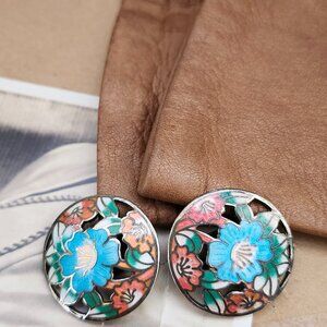 Vintage 1950's Pink & Blue Floral Cloisonne Clip-on Earrings